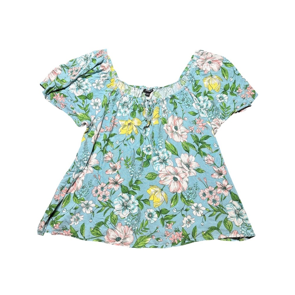 Torrid Floral Blouse Women 1 Blue Short Sleeve Peasant Top 41760333